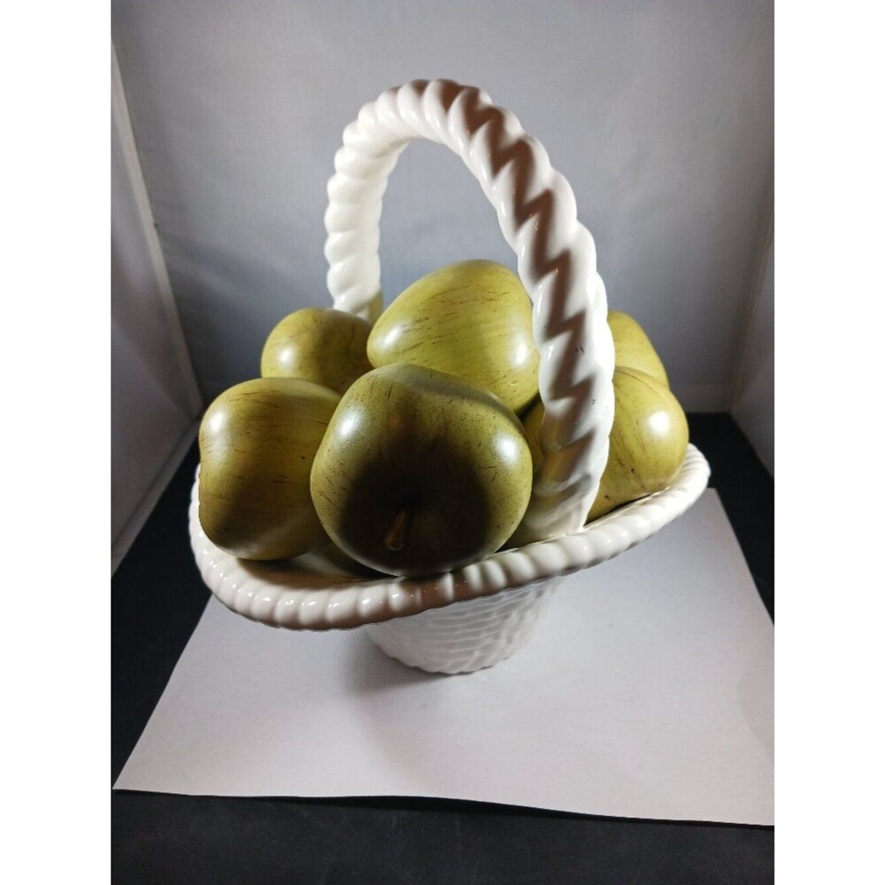 Vintage 50's Handmade Woven Apples Fruit Large Basket Ceramic
